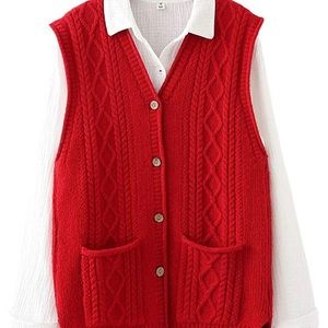 New Red Cable Knit Buttoned Vest Oversized Fashion